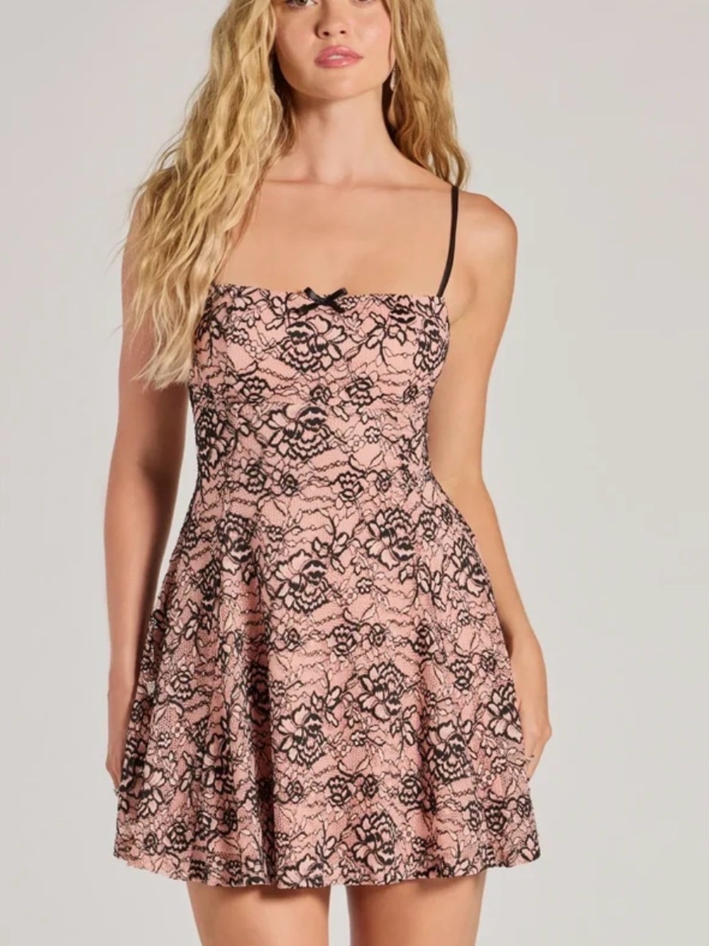 Pink Lace Fit-and-Flare Mini Dress with Black Overlay